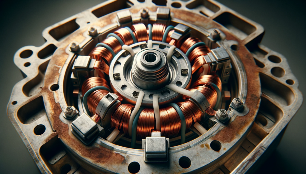 Photographie en gros plan d'une partie d'un moteur électrique mettant l'accent sur la bobine de cuivre.